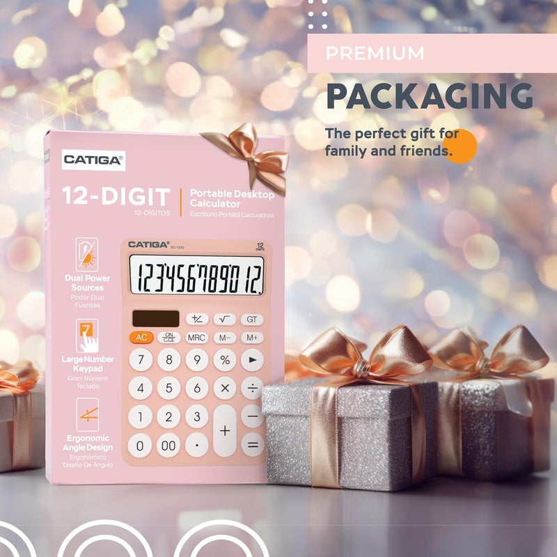 CATIGA 12 Digit Desktop Calculator Basic Desk Calculator with Large LCD Display, Big Buttons, 4 Function, Solar and Battery Dual Power, for Office, School, Home, SD-1292 Pink - Image 2